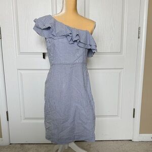 J. Crew Blue and White One Shoulder Dress
